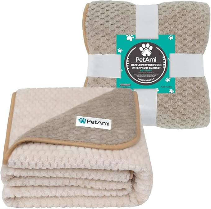 PetAmi Waterproof Dog Blanket, Leakproof XL Pet Blanket for Large Dogs, Furniture Sofa Couch Cover Protector, Fleece Cat Throw Bed Crate Kennel, Reversible Washable Soft Plush, Queen 90x90 Taupe Beige