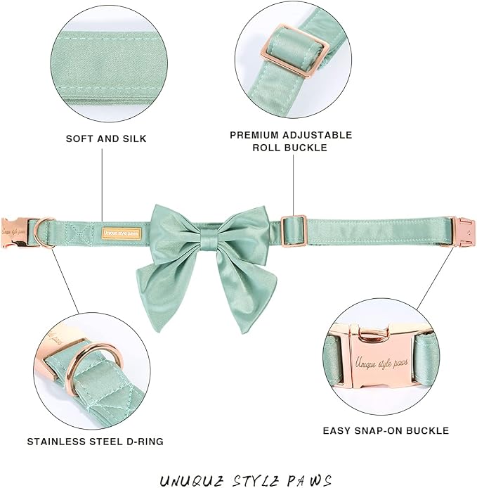Unique style paws Silk Green Color Dog Collar Adjustable Durable Dog Collar with Bow Wedding Bowtie Collar for Medium Dogs