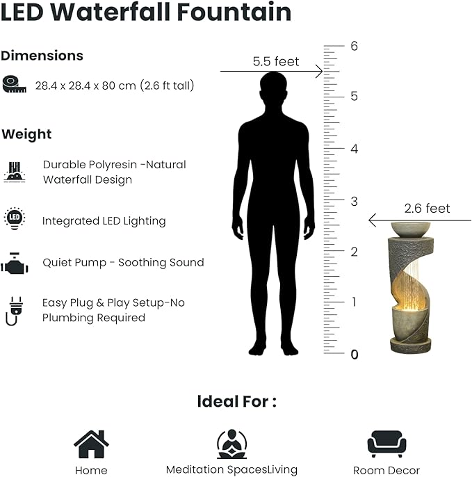 Tiered Outdoor Water Fountain, Modern Spiral Cascading Waterfall Fountain with Planter, Freestanding Resin Indoor Water Feature for Room, Garden, Patio, Deck, 31.5"H with Light Stone-Texture