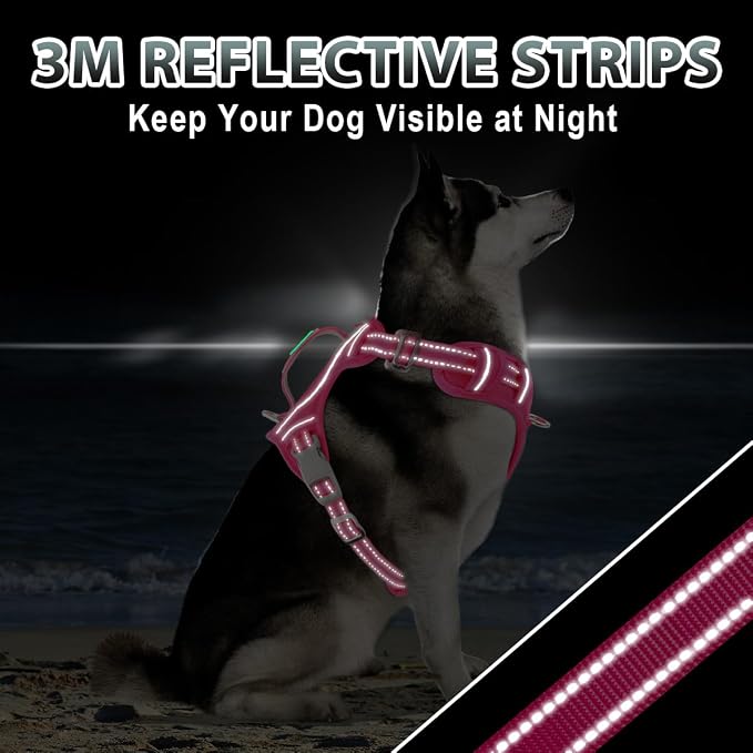 BARKBAY No Pull Dog Harness 3 Buckles Large Reflective Dog Harness with Front Clip and Easy Control Handle for Walking Training Running with ID tag Pocket(Pink,M)