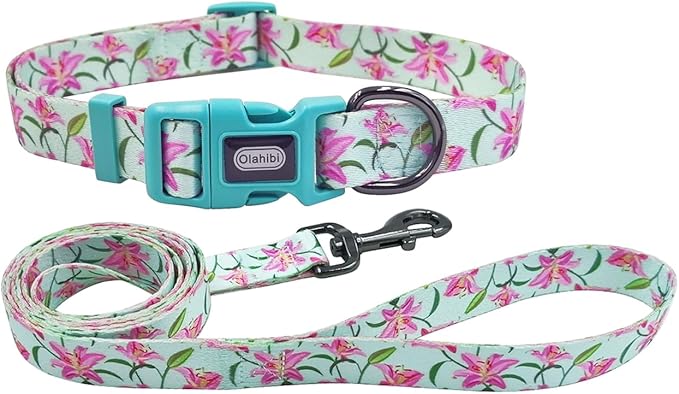 Dog Collar Leash Set, Floral Pattern, Polyester Material, Adjustable Collar and 5ft Matchcing Leash, for Medium Dogs.(M, Green Lily)