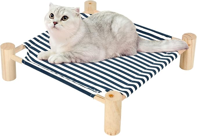 Patas Lague Cat and Dog Hammock Bed for Small Dogs, Brethable Wooden Cat Pet Rabbit Elevated Cooling Outdoor Bed Cots Furniture for Summer Blue Stripe