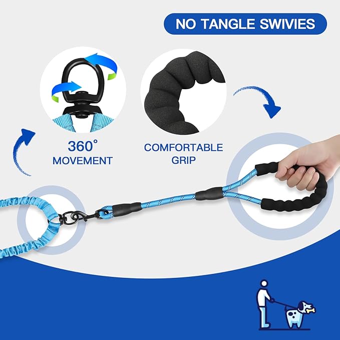 MingXpets Double Dog Leash, Dual Dog Leash, 360° Swivel Tangle Free Bungee Walking Training for Large Medium Dogs, Shock Absorbing Bungee Reflective for Two Dogs, 18~120 lbs, Blue