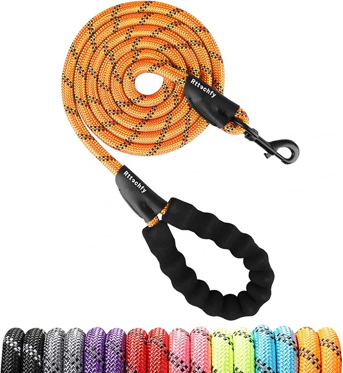 Rttochfy Rope Dog Leash 2/4/5/6/8/10 FT with Comfortable Padded Handle and Highly Reflective Threads for Small Medium and Large Dogs Heavy Duty (1/2"-6 FT, Orange)