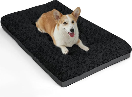 POCBLUE Dog Bed Medium Sized Dog, Washable Plush Pet Bed for Crate, Anti-Slip Pet Mat for Cages, Comfy Crate Pad for Outdoor/Indoor/Car Use, Soft Kennel Pad for Dogs Up to 40 lbs, 29"x19", Black