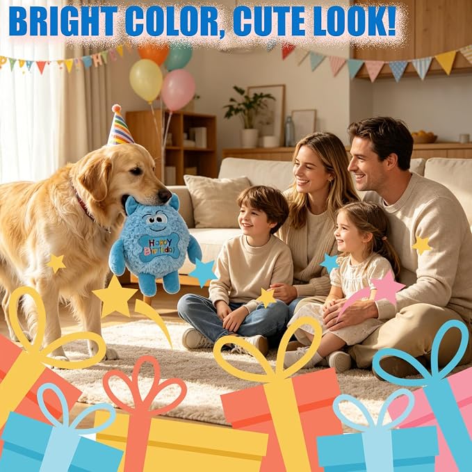 Plush Dog Birthday Toy for Girl Boy Gifts, Crinkle Squeaky Dog Toy Keep Them Busy Tug of War Stuffed Dog Chew Toy for Small Medium Large Dogs (Sky Blue)