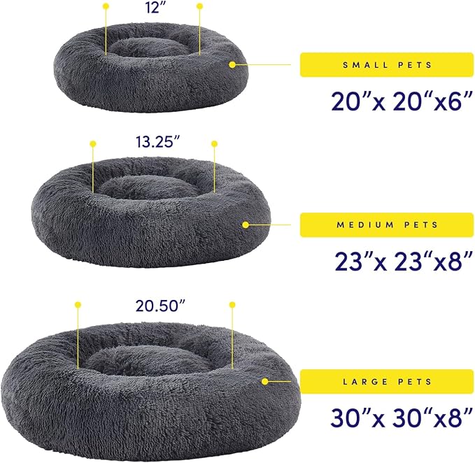 Dog & Cat Bed: Round Faux Fur Pet Bed - Plush, Cozy, & Calming Donut Bed for Large Pets - Soft & Comfortable Sleeping Cushion for Napping & Lounging, 30" Round, Dark Gray