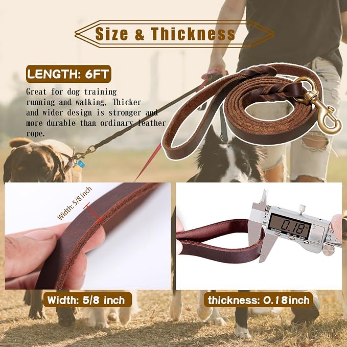 Leather Dog Leash 6ft x 5/8 inch,Strong Heavy Duty Genuine Leather Braided Dog Training Leash, Soft and Comfortable for Large Dogs, Medium Small Dogs (Brown, 6FT*5/8in)