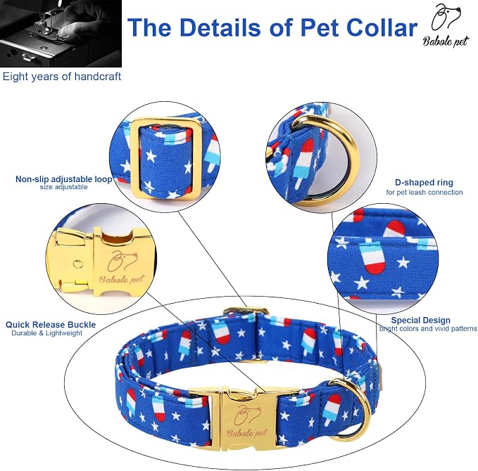 4th of July Dog Collar, Blue Flag Popsicle Patriotic Pet Collar with Metal Buckle, Adjustable Summer Holiday Dog Collars for Small Medium Large Dogs S