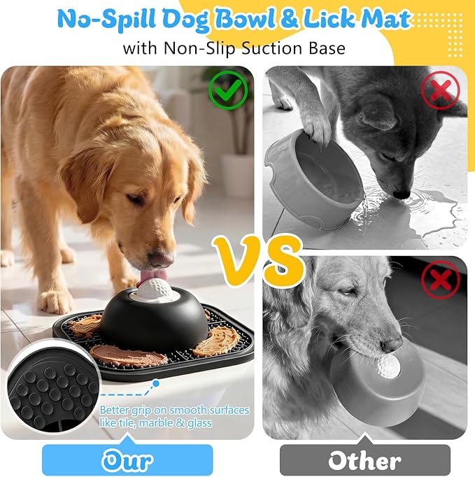 Slow Feeder Dog Bowls & Lick Mat for Liquid and Thick Treat, Anti-Slip Dog Lick Bowl with Interactive Rolling Ball, 5/6 Cup Pup Licking Toy for Large Medium Small Dogs and Cats Black