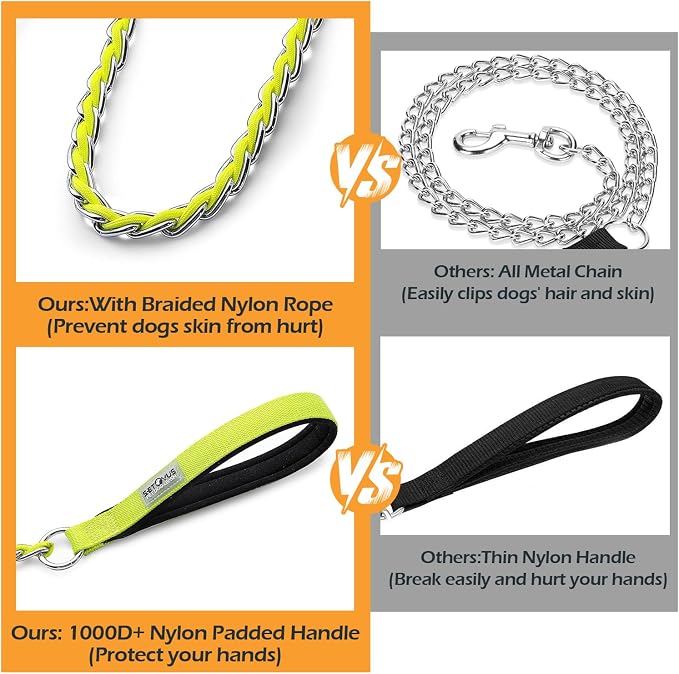 Chain Dog Leash Chew Proof Metal Leash for Medium Large Dogs, Chain Link Dog Anti Chew 5.2FT / 4FT Strong Anti Bite Comfortable Soft Padded Handle (Yellow, 5FT(80-150lb))