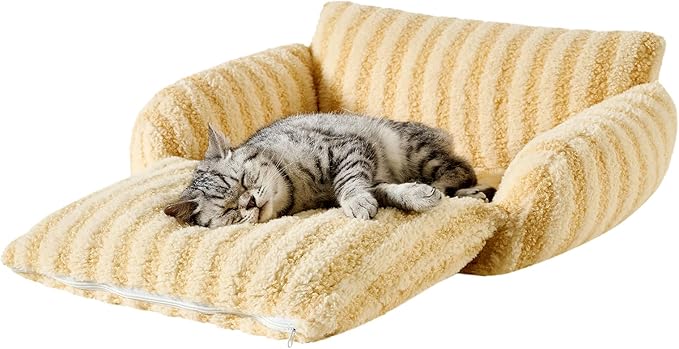 Hollypet Cat Bed Fluffy Plush Multifunctional Double-Layer Machine Washable Soft Warming Kitty Pet Couch Orthopedic Nest Beds for Small Cats Kitten and Dogs up to 13lbs, Yellow(21x15x8 inch)