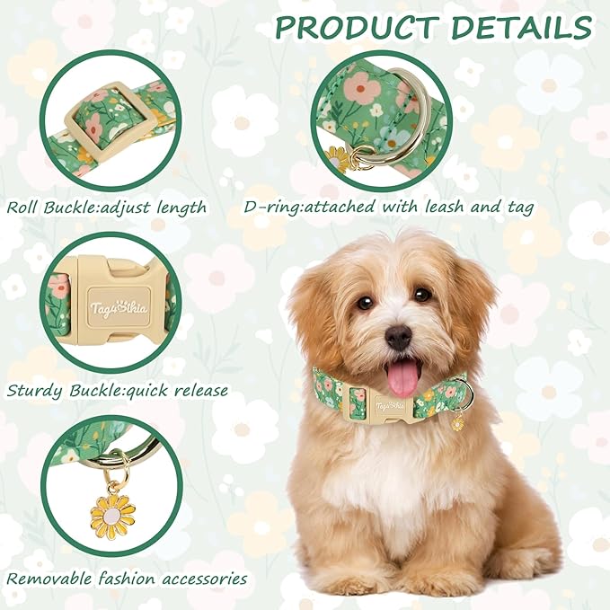 Dog Collars for Large Dogs, Dog Collar with Floral Patterns, Summer Collection Green Dog Collar with Quick Release Buckle Pet Collar Soft Adjustable Collars Gifts for Large Dogs -L