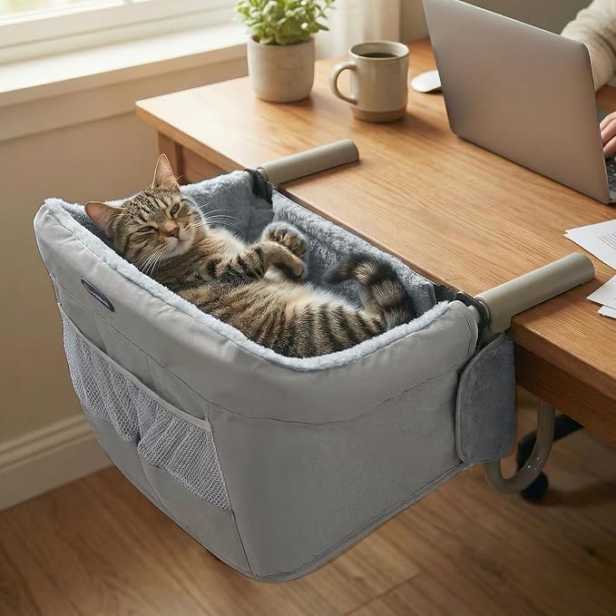 Veehoo Cat Desk Bed Dog High Chair for Table, Cat Desk Perch Seatmate Chairs for Dogs, Soft Faux Rabbit Fur Material, Suitable for Various Desktops-Maximum Hold Up to 50lb