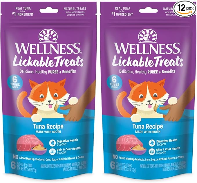 Wellness Lickable Soft Puree Cat Treats, All Lifestages, Kitten to Senior, Natural, Grain Free, Tuna Flavor, 0.4 oz, Pack of 12 Tubes