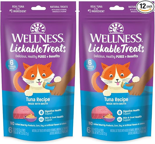 Wellness Lickable Soft Puree Cat Treats, All Lifestages, Kitten to Senior, Natural, Grain Free, Tuna Flavor, 0.4 oz, Pack of 12 Tubes
