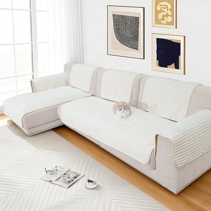 NAISI Couch Covers for Dogs Waterproof Flannel Striped Sofa Cover Pet Friendly Washable Dog Mat for Couch Anti Slip Sectional Sofa Slipcover Protector(2pcs/35"x63"+35"x70",Cream)
