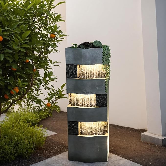 Sunlinua 40.5" H Modern Outdoor Water Fountain with LED Lights – Tall Garden Waterfall Fountain for Patio, Yard, Landscape or Indoor Decor, 4 Tiers Floor Standing Waterfall Outdoor Fountains