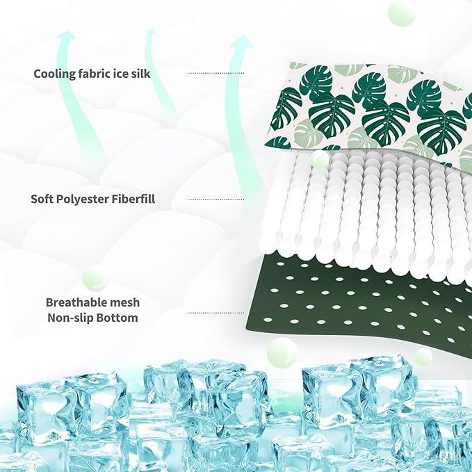 NWK Pack of 4 Pet Cooling Mat -Q-Max>0.345 Ice Silk Cooling Mat for Dogs & Cats Portable & Washable Pet Cooling Blanket, Car Seats, Beds for Summer (4pcs, Green Leaf, 20'' X 16'' X 0.3'')