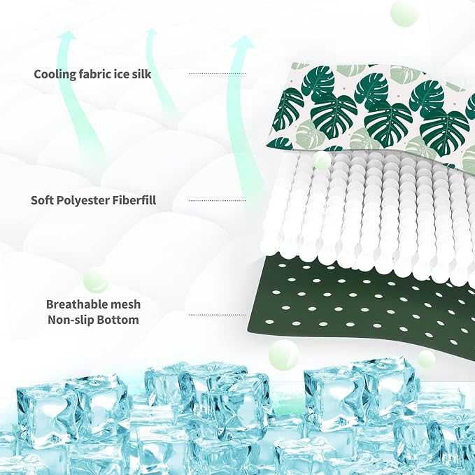 NWK Pack of 4 Pet Cooling Mat -Q-Max>0.345 Ice Silk Cooling Mat for Dogs & Cats Portable & Washable Pet Cooling Blanket, Car Seats, Beds for Summer (4pcs, Green Leaf, 27'' X 20'' X 0.3'')