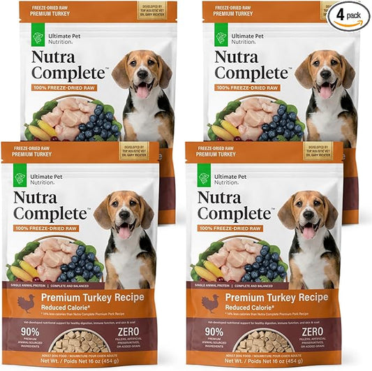 ULTIMATE PET NUTRITION Nutra Complete, 100% Freeze Dried Veterinarian Formulated Raw Dog Food with Antioxidants Prebiotics and Amino Acids, (1 Pound (Pack of 4), Turkey)