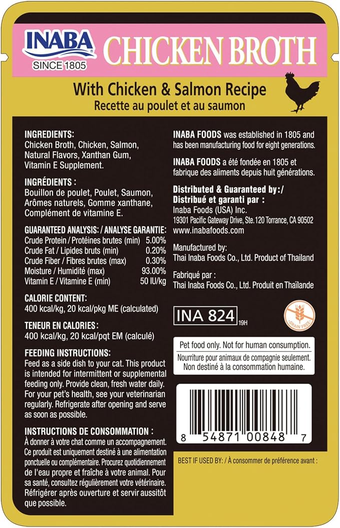 INABA Chicken Broth, Side Dish/Topper for Cats with Vitamin E, 1.76 Ounce Pouch, 8 Pouches Total, Chicken and Salmon Recipe