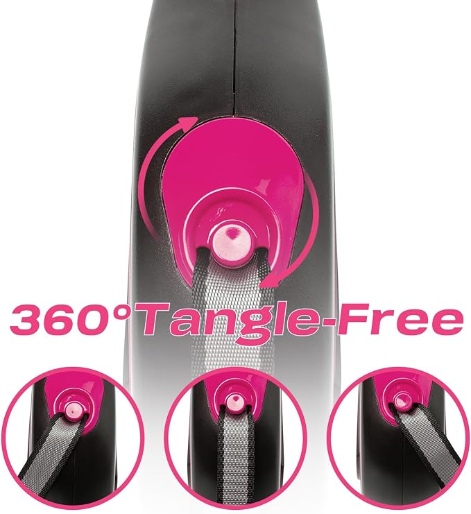 PINA Retractable Dog Leash, 10ft Dog Leash for Small Dogs Up to 33lbs, 360° Tangle-Free Strong Reflective Nylon Tape, with Anti-Slip Handle, One-Handed Brake, Lock - Black Pink