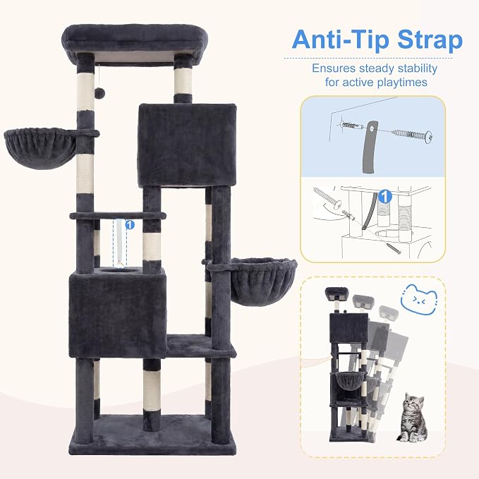 Heybly 68.1" Cat Tree with Oversized Top Platform & Wide Base, Heavy Duty Cat Tower for Large Indoor Cats with 2 Condos, 2 Hammocks, 10 Sisal Scratching Posts, Stable Cat House, Smoky Gray HCT059G