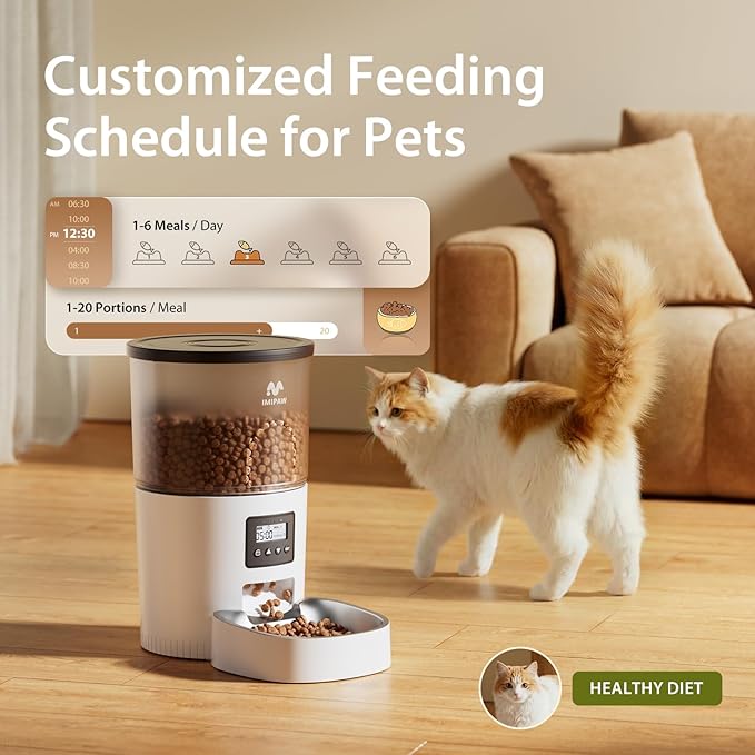 IMIPAW Automatic Cat Feeder, 3L Timed Pet Dry Food Dispenser with Clog-Free Design, Auto Feeder for Cats, 1-6 Meals Per Day, Desiccant Bags, with Stainless Steel