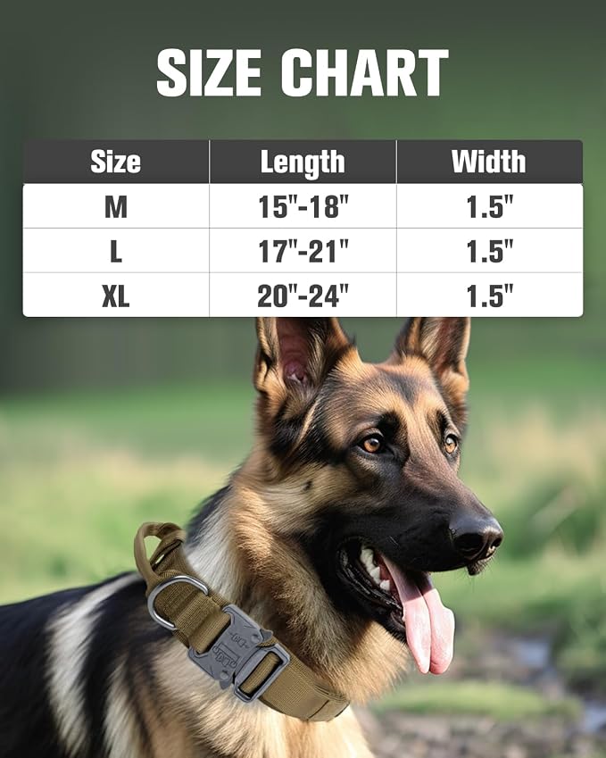 Joytale Tactical Dog Collar with Handle and Metal Buckle, Heavy Duty Padded Military Collar with 2 Patches for Training, Adjustable for Medium Dogs, Khaki, M