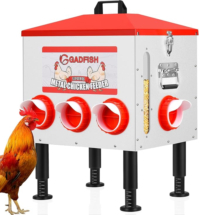 GADFISH 55 lbs Large Capacity Automatic Chicken Feeder - 8 Feeding Ports, No Waste Chicken Feeder, Height-Adjustable Legs & Secure Locking Lid for Chickens, Ducks & Poultry