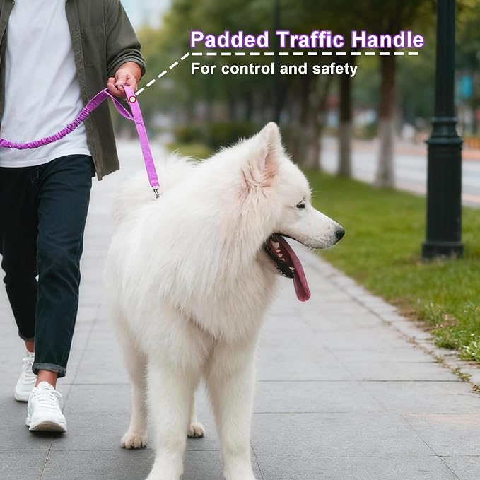 5FT Bungee Dog Leash with 2 Handles, Reflective Strong Nylon Traffic Leash with Shock Absorbing for Large Medium Dogs Walking Training Controlling, Purple