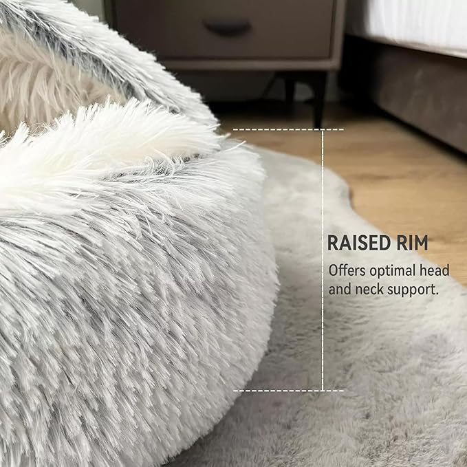 Cat Bed Round Fluffy Hooded Cat Bed Cave, Anti-Anxiety Cave Bed with Hooded Blanket, Cozy Cuddler Luxury Puppy Pet Bed, Anti-Slip Bottom and Machine Washable (Grey, Large)