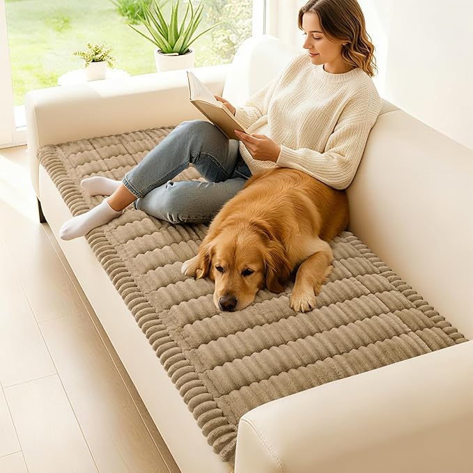hyha Couch Cover for Dogs Washable, Non Slip Thick Flannel Sofa Protector, Pet Friendly Plush Furniture Cover for Sectional Sofa & Loveseat (Khaki, 27.6" x 59")