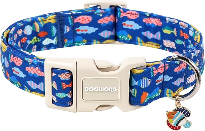 DOGWONG Summer Dog Collar for Medium Dogs, Beach Hawaiian Dog Collars, Blue Summer Boy Dogs Collars for Small Medium Dogs, Neck 14-21 inches