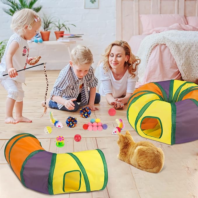 Retro Shaw 33 Pack Cat Tunnel Toy Set for Indoor Cats Kittens, Solves Boredom & Anxiety with 2 Collapsible Tunnels Interactive Feather Wand Springs Balls Crinkle Toys Mice