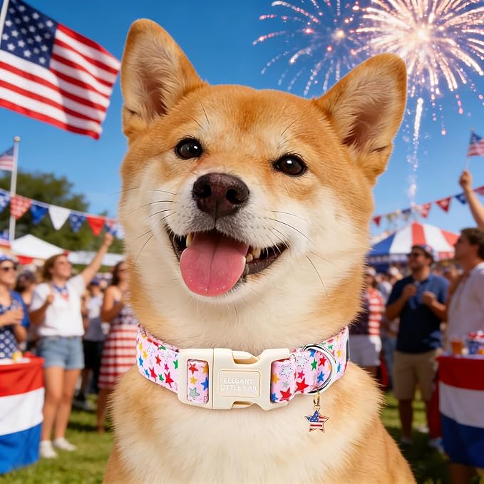 Elegant Little Tail 4th of July Dog Collar with Pendant, Patriotic Pink Stars Patriot Pattern Cotton, Sturdy Quick-Release Plastic Buckle, Girl Adjustable Pet Collar for X-Small Dogs