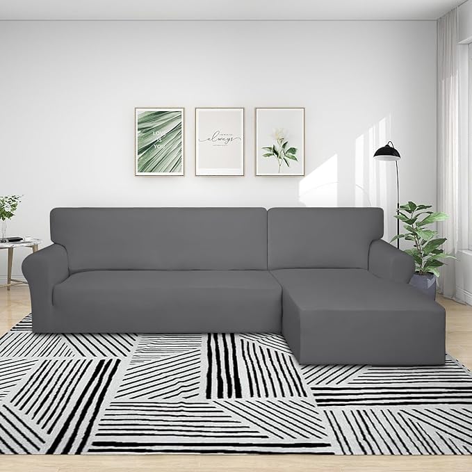 PureFit Super Stretch Sectional Couch Covers - 2 pcs Spandex Non Slip Sofa Covers with Elastic Bottom for L Shape Sectional Sofa Couch, Great for Kids & Pets (3 Seat Sofa + 2 Seat Chaise, Gray)