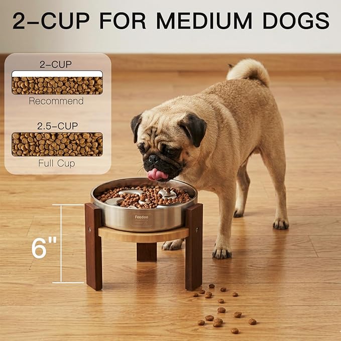 Elevated Dog Bowl Stand, 6'' Height Raised Stand for Medium Dogs, Includes 2Cups Stainless Steel Slow Feeder Dog Bowl, Durable Solid Hardwood