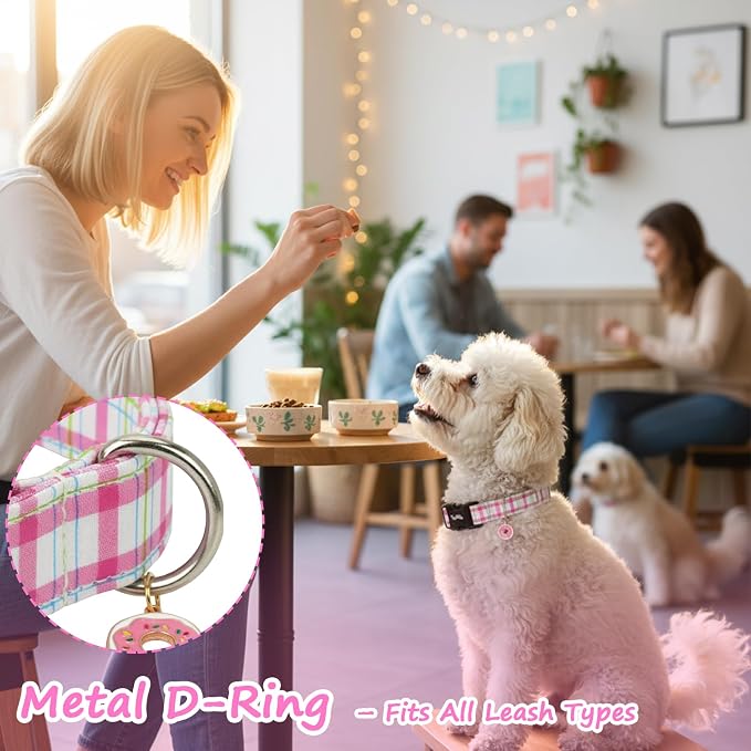 Dog Collar with Pink Plaid Patterns, Spring Summer Collection Dog Collar with Exquisite Pendant, Durable Adjustable Collars for Gifts & Daily Use-S