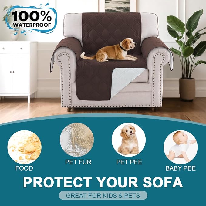 Turquoize 100% Waterproof Couch Cover Sofa Covers for 1 Cushion Couch Chair Covers Triple Non-Slip Washable Furniture Protector Cover for Pets, Kids, Dog (Chair 23", Chocolate)