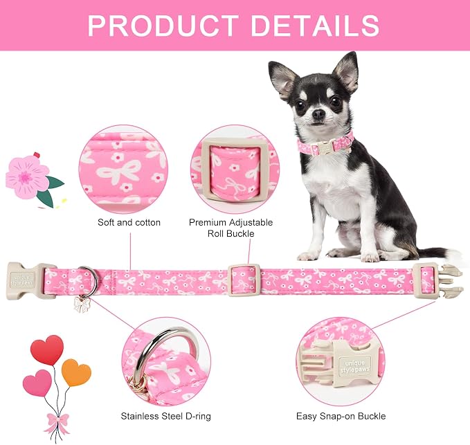 Unique style paws Dog Collar Plastic Buckle with Pendant Puppy Collar for Spring Summer Pink Flower Bow for Small Medium Large Boys Girls Dogs