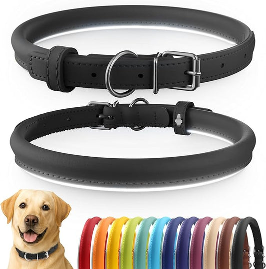 CollarDirect Reflective Rolled Leather Dog Collar, Soft Padded Round Puppy Collar, Handmade Genuine Leather Collar Dog Small Large Cat Collars 13 Colors (15-19 Inch, Black Reflective)