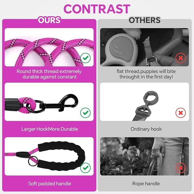 Heavy Duty Dog Leash - 4.9 FT for Large and Small Dogs - Strong Nylon, Comfortable Handle, Reflective Stitching - Ideal for Walking, Training, and Outdoor Activities, Hotpink