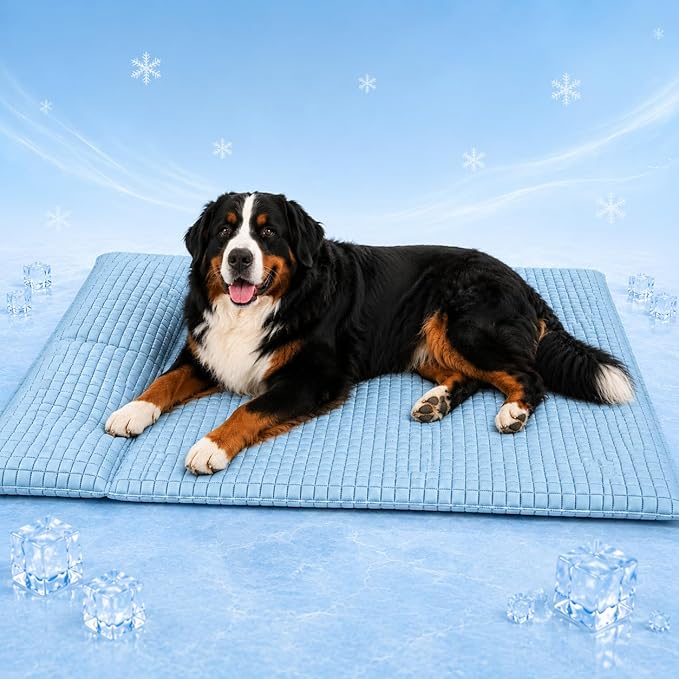 GOLOPET Extra Large Dog Cooling Mat with Pillow, 47x30in | Polymer Ice Silk Fabric,Upgrade The Heat Dissipation Structure,Soft PP Cotton Filling Material