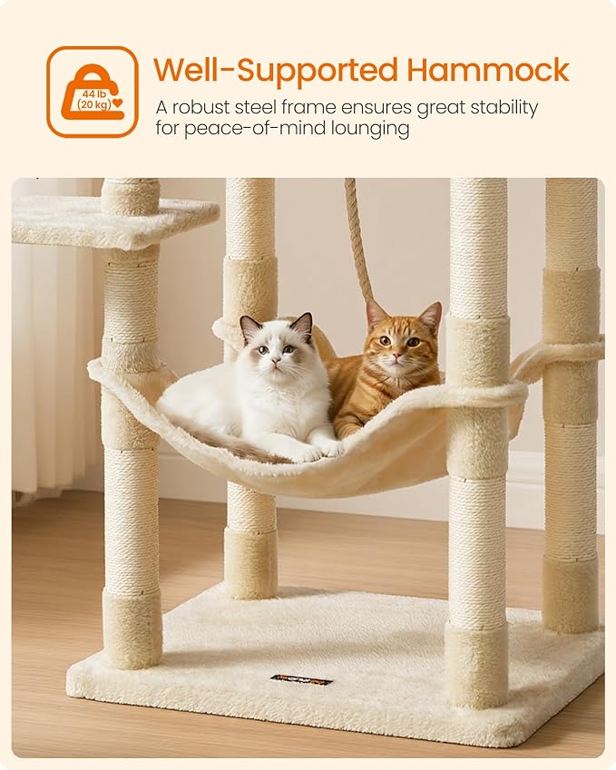 Feandrea Cat Tree, 55.8-Inch Cat Tower, Multi-Level Plush Condo with 11 Scratching Posts, 2 Perches, Hammock, Cave, Beige UPCT15BE
