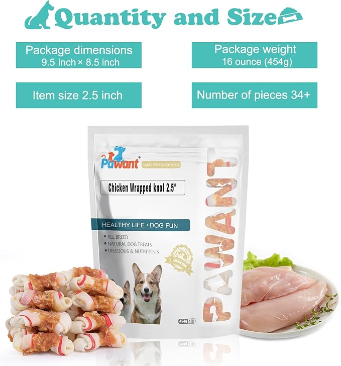 Chicken Wrapped Rawhide Bones, 2.5 Inch Mini Knots Dog Treats, High Protein 65% Puppy Chews and Satisfying Rewards for All Breeds, 16 Ounces