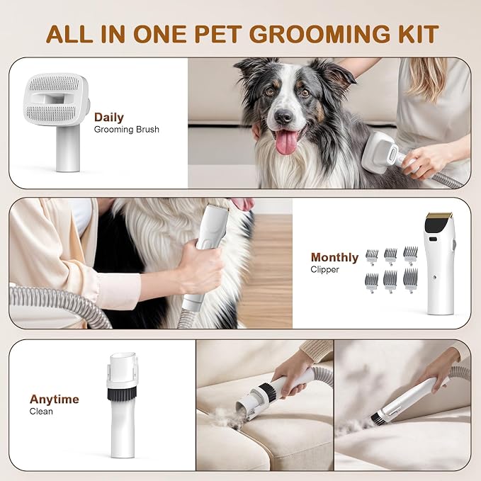 Dog Grooming Vacuum, Dog Grooming Kit with Pet Clipper Nail Grinder, 3 Suction Modes Dog Brush Vacuum with 6 Pet Grooming Tools (Cream)