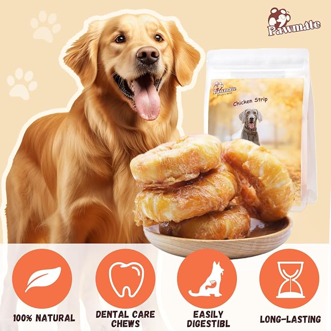 Pawmate Dog Treats Large Breed, Chicken Wrapped Rawhide Donut Rings, Rawhide Dog Chews Long Lasting, Grain Free Training Snacks with Taurine for Medium Large Dogs, 4 Counts