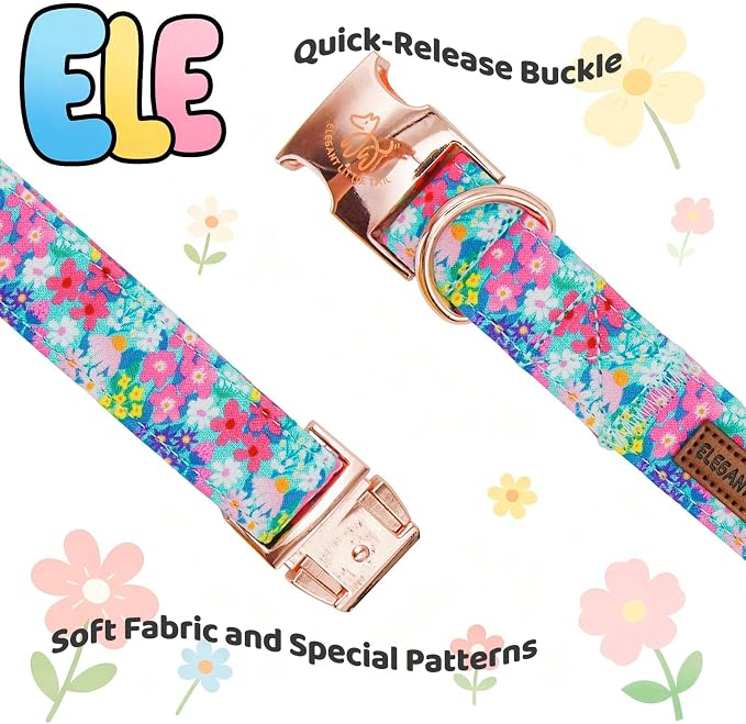 Elegant Little Tail Spring Floral Dog Collar, Cute Girl Dog Collars with Bow - Wildflowers Pink Puppy Collar, Adjustable Female Dog Collars Bowtie for Small Medium Large Dogs